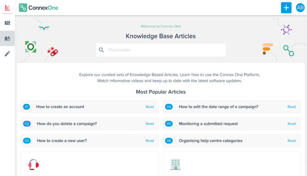 A screenshot of the welcome page of Connex One’s Knowledge Base Hub